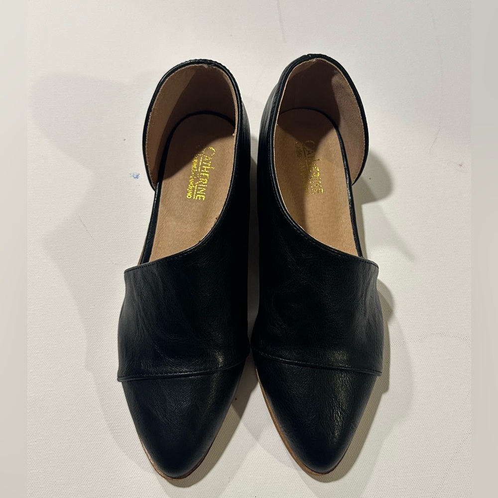 Catherine Malandrino Swan Black Flats Slip On Pointed Black Leather Mules